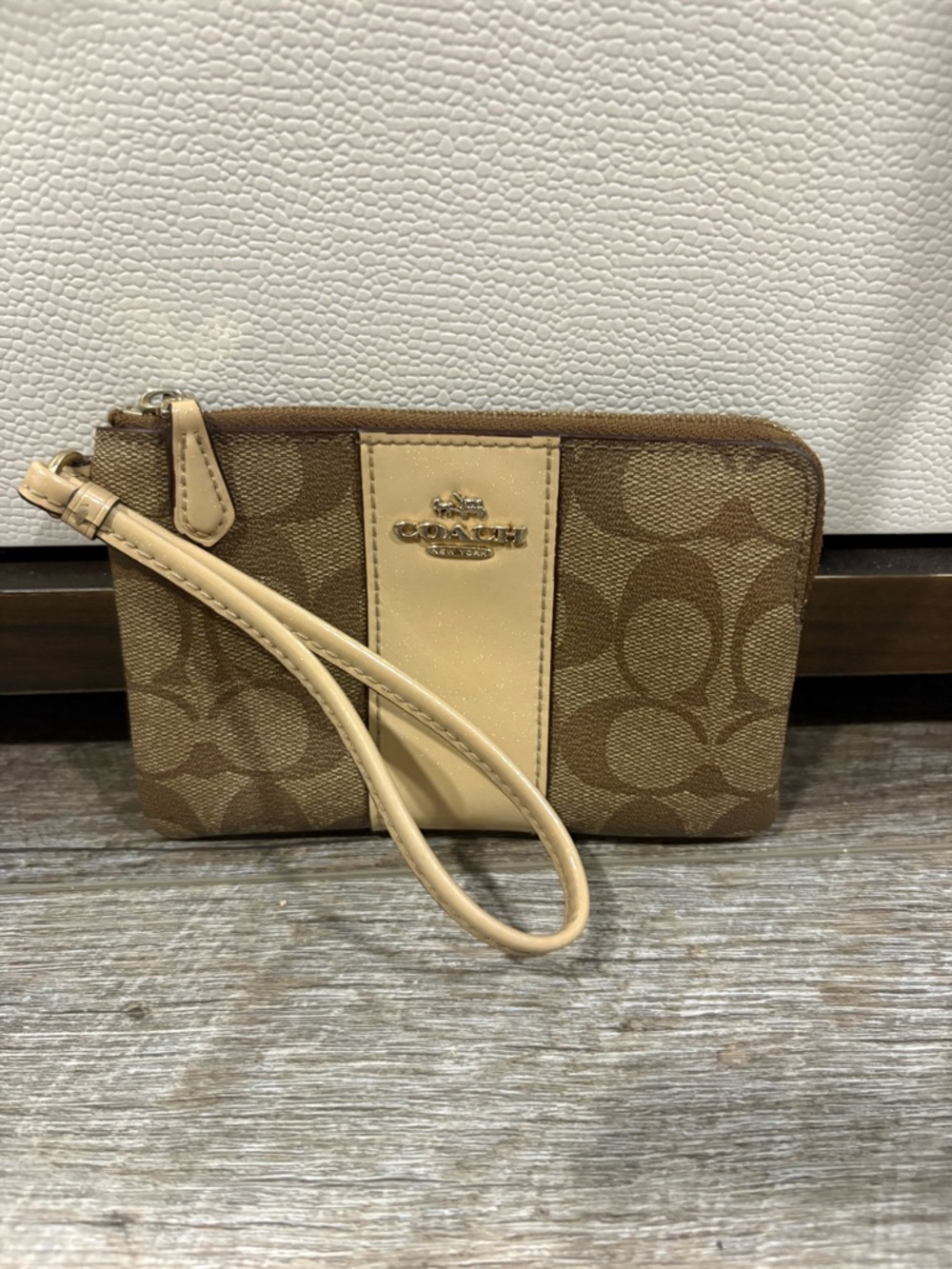 Coach Brown Signature Canvas Wristlet with Cream Trim